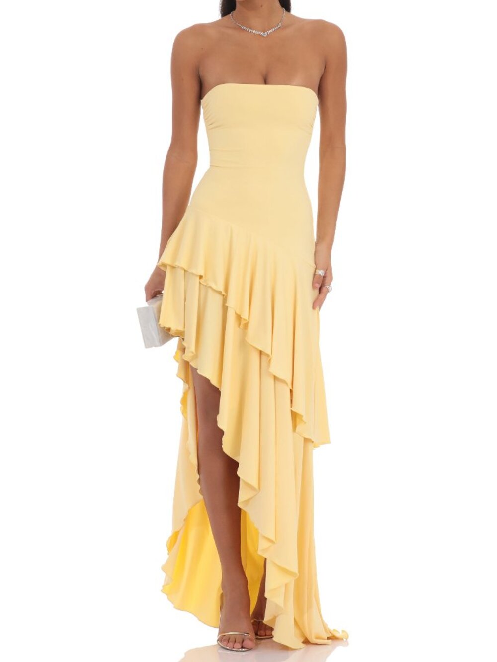 LUCY IN THE SKY Strapless Ruffle Asymmetrical Maxi Dress - Yellow | Size L